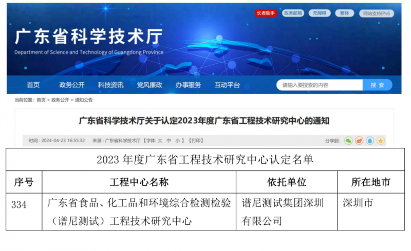 谱尼测试入选2023年度广东省工程技术研究中心认定名录